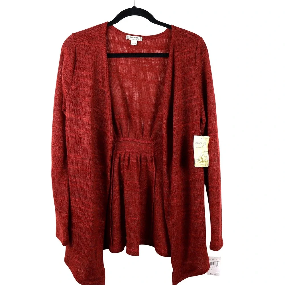 New W/Tag Energe World Wear Women's Red Open Weave Knit Cardigan Sweater Size S